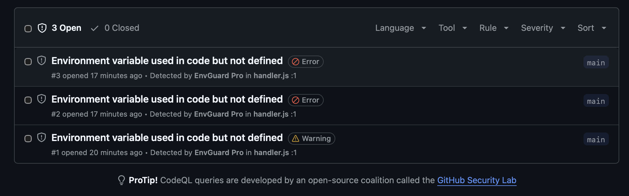 GitHub SARIF findings list
