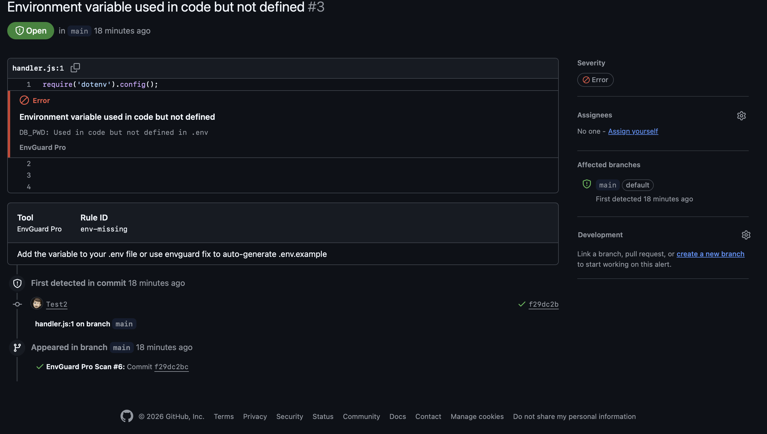 GitHub SARIF alert details with file location